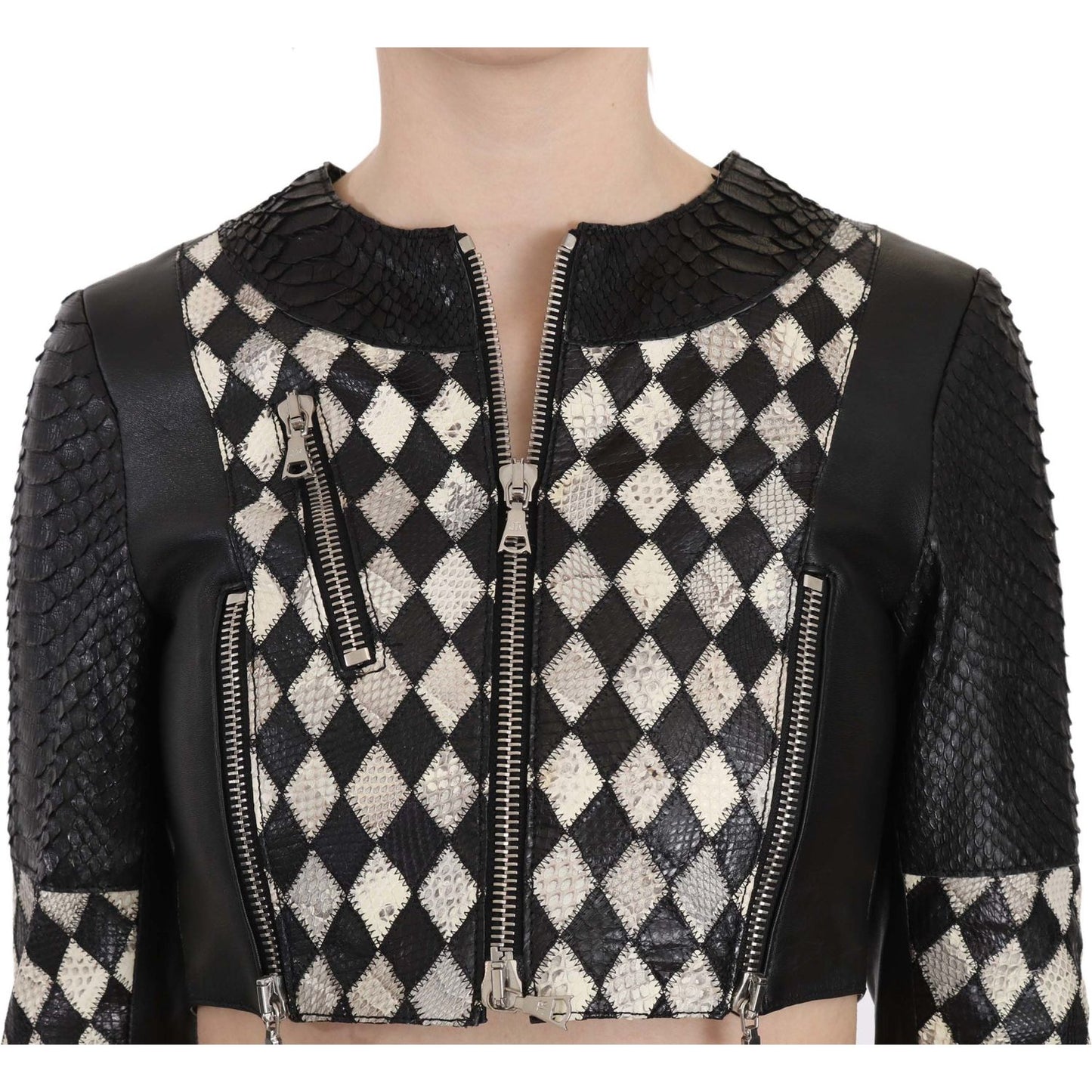 John Richmond Black White Leather Short Cropped Biker Jacket Coat TSH3270-38