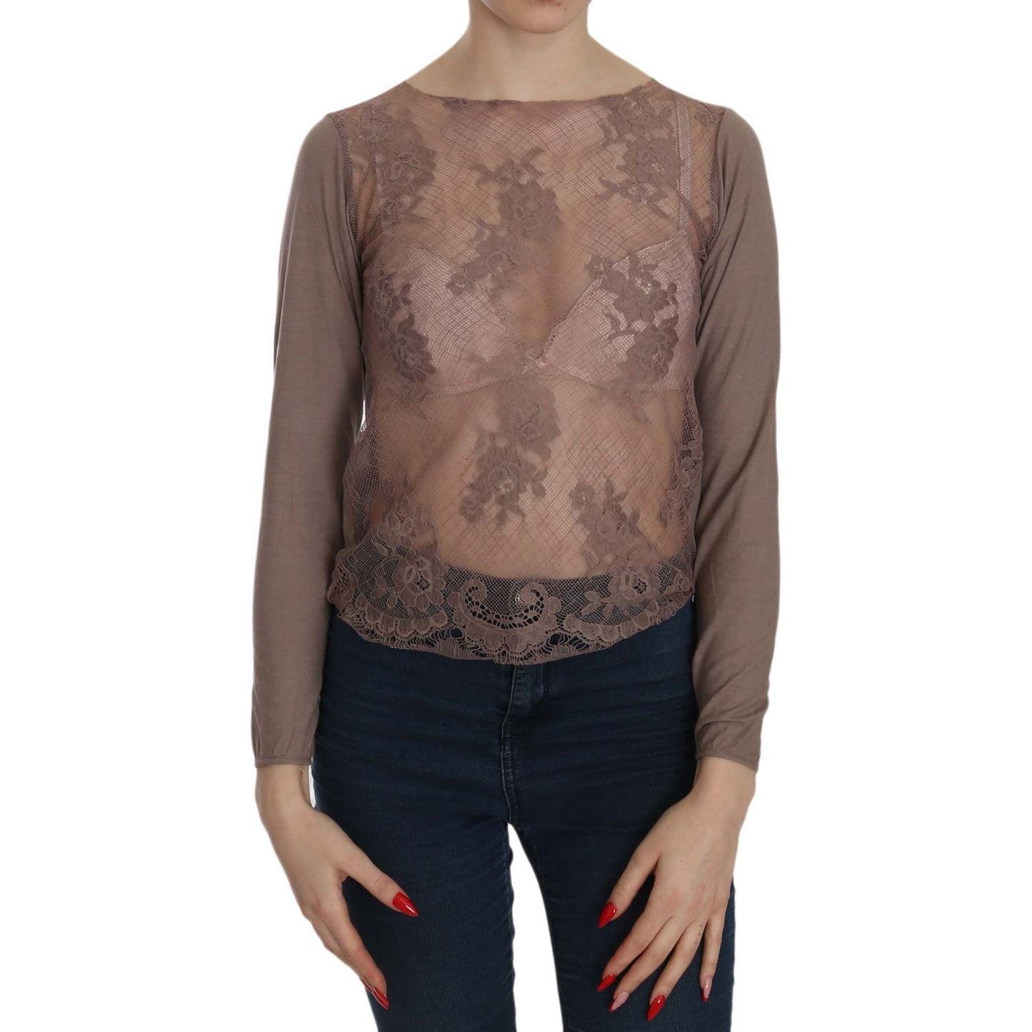 PINK MEMORIES Brown Lace See Through Long Sleeve Top TSH3913-40