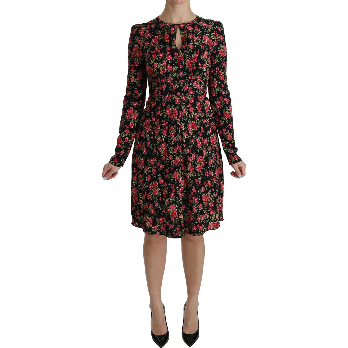 Dolce & Gabbana Black Floral Longsleeve Knee Length Dress DR2088-38