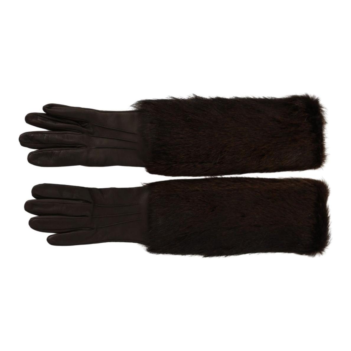 Dolce & Gabbana Brown Elbow Length Mittens Leather Fur Gloves LB1018-7.5