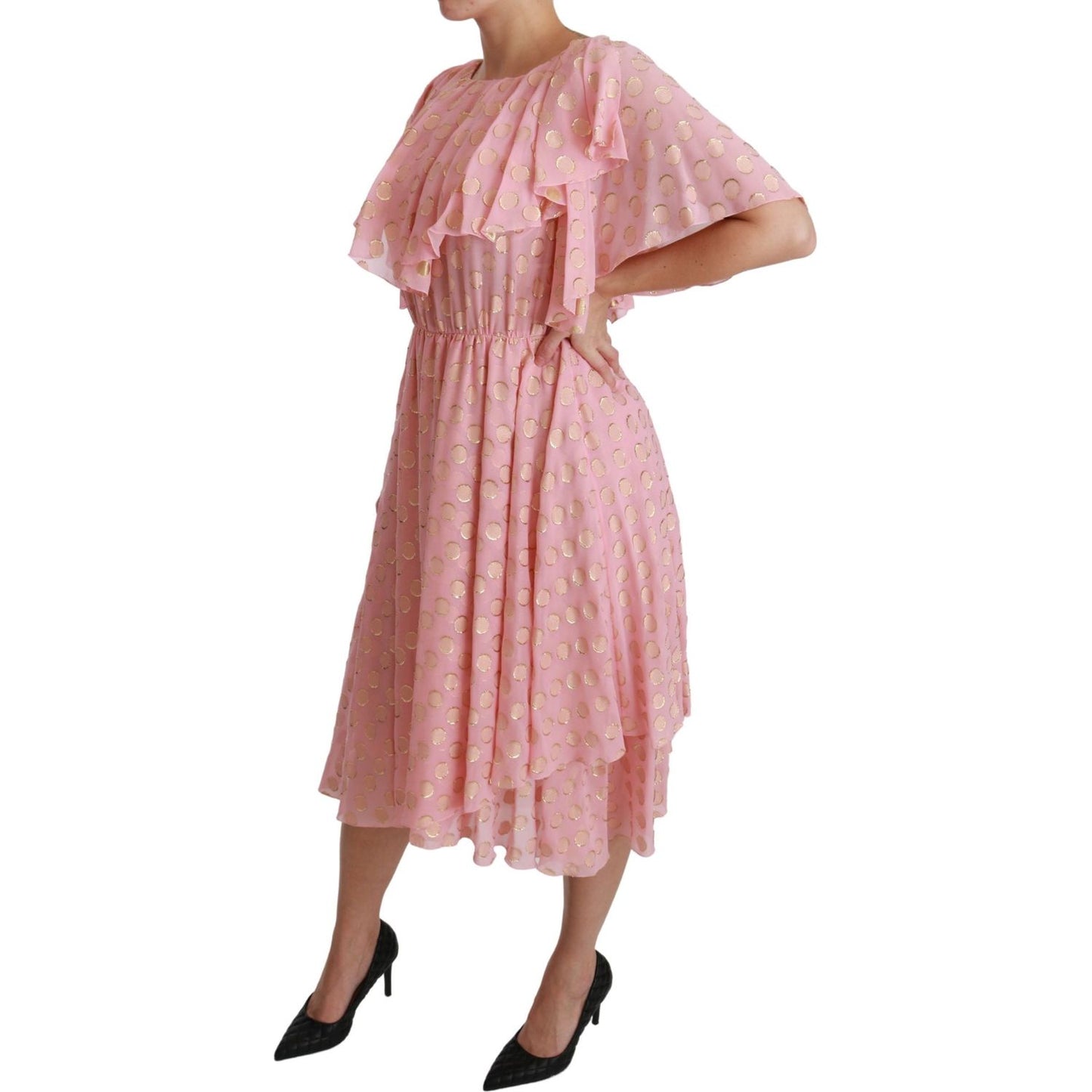 Dolce & Gabbana Silk Pink Polka Dots Pleated A-line Midi Dress DR2520-40