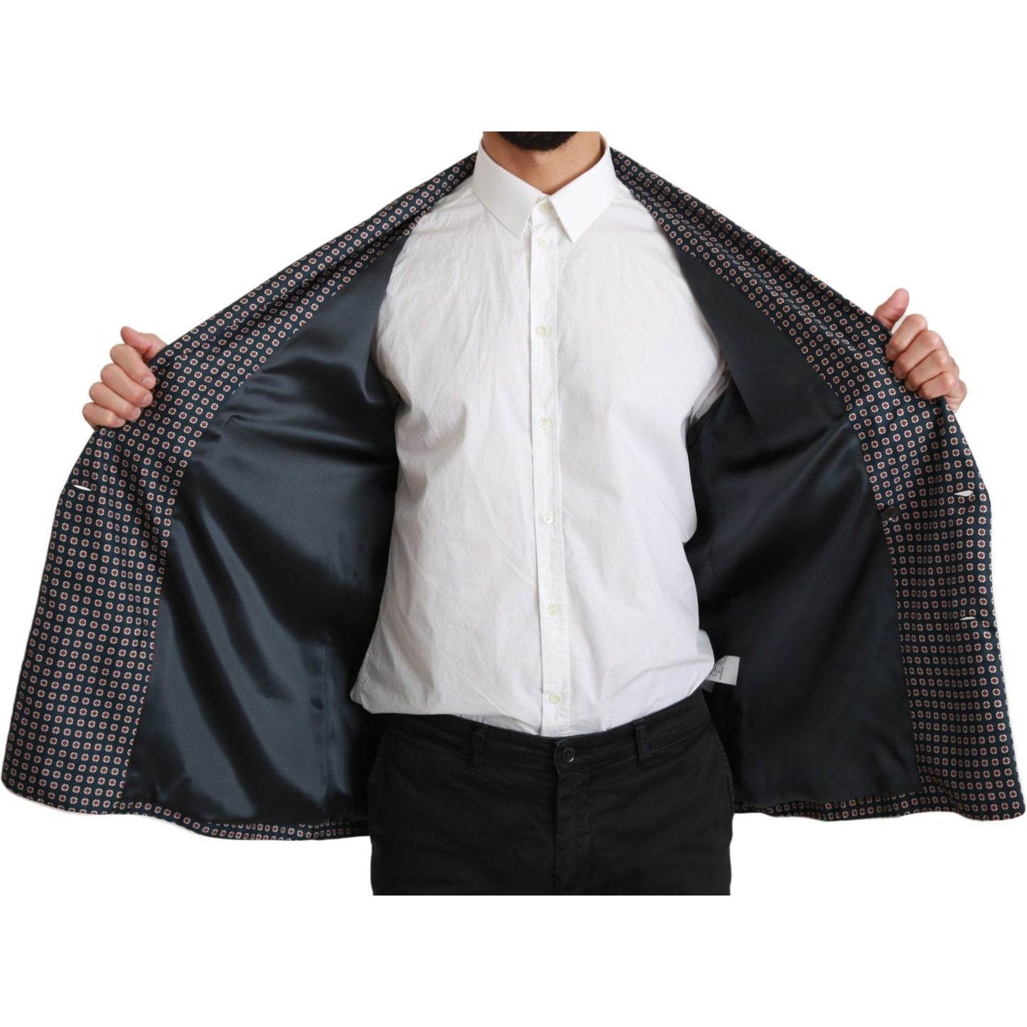 Dolce & Gabbana Navy Blue Patterned Double Breasted Coat Jacket JKT2589-IT4