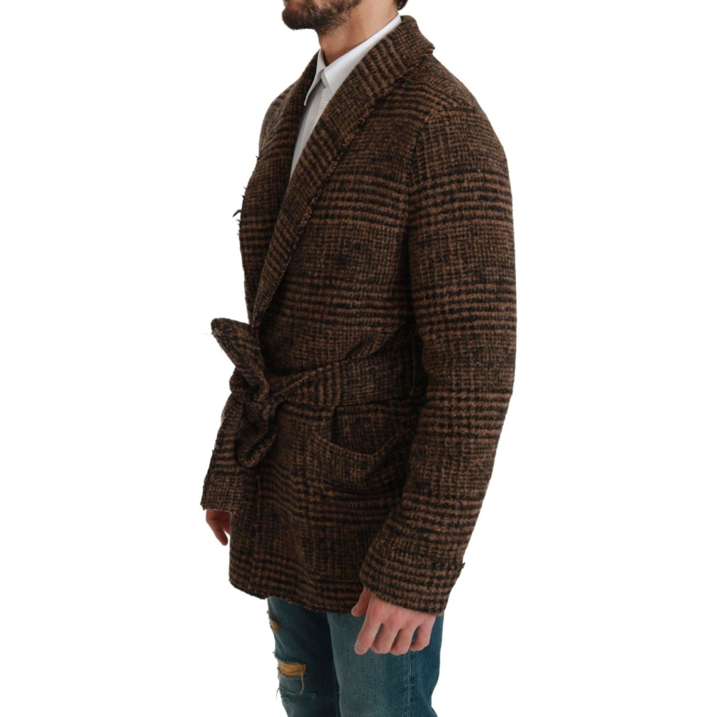 Dolce & Gabbana Brown Checkered Wool Robe Coat Wrap Jacket JKT2623-44