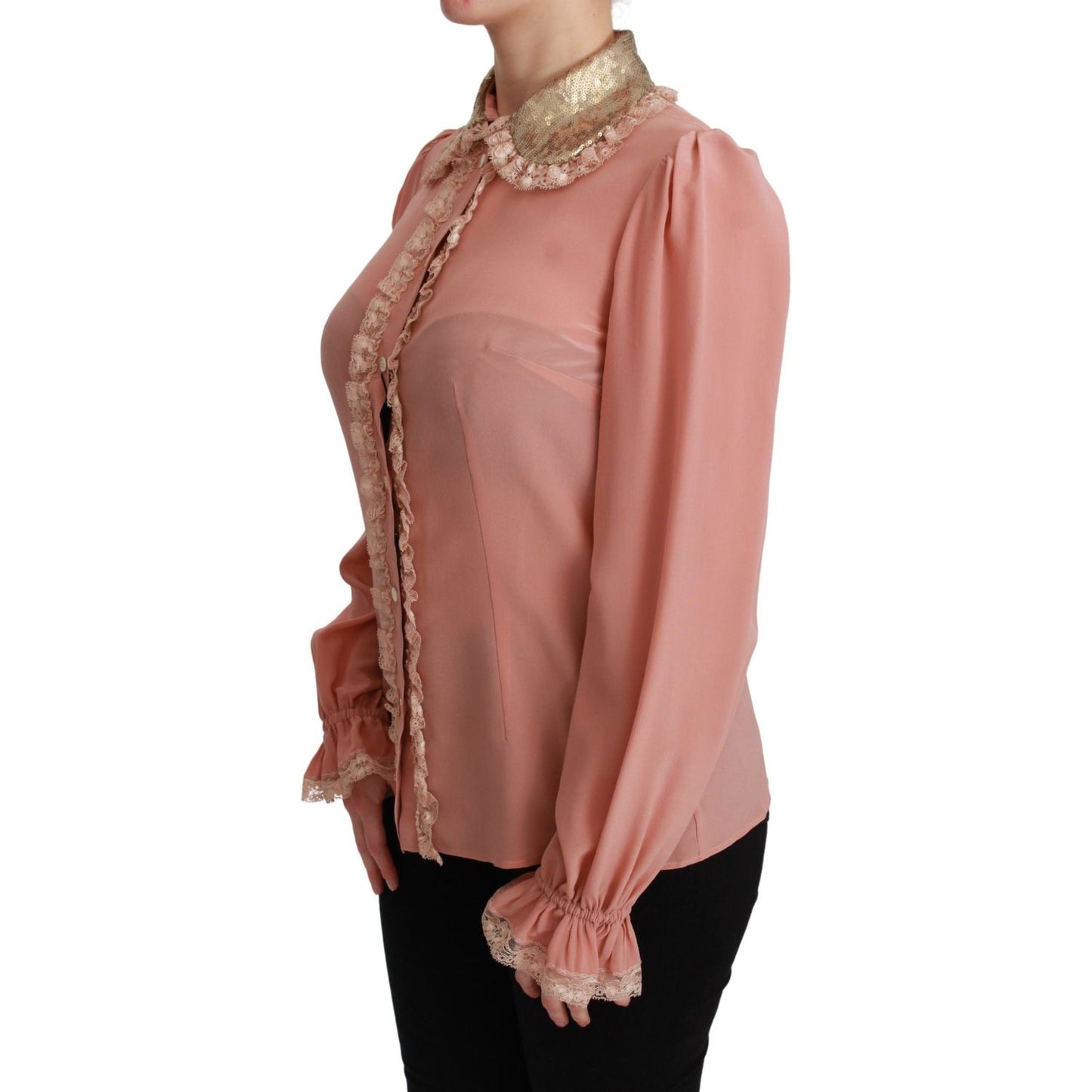 Dolce & Gabbana Pink Silk Gold Sequin Lace Blouse Shirt TSH4663-44