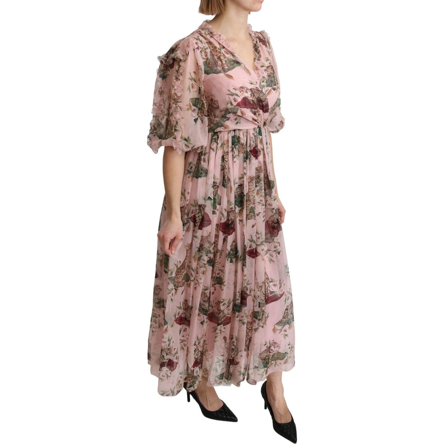 Dolce & Gabbana Pink Bengal Cat Print A-line Maxi Silk Dress DR2604-38