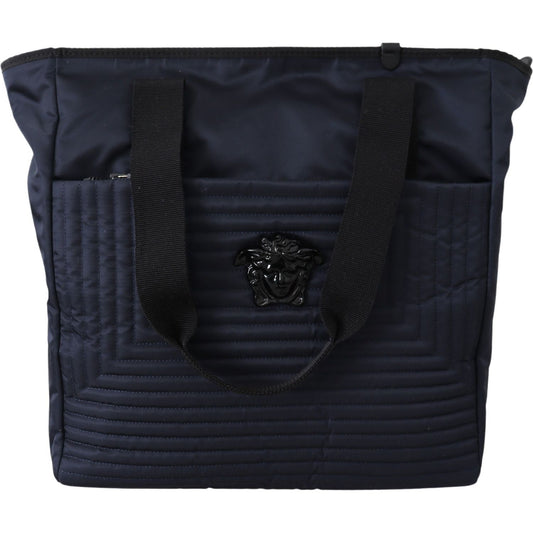 Versace Elegant Blue Nylon Tote Bag