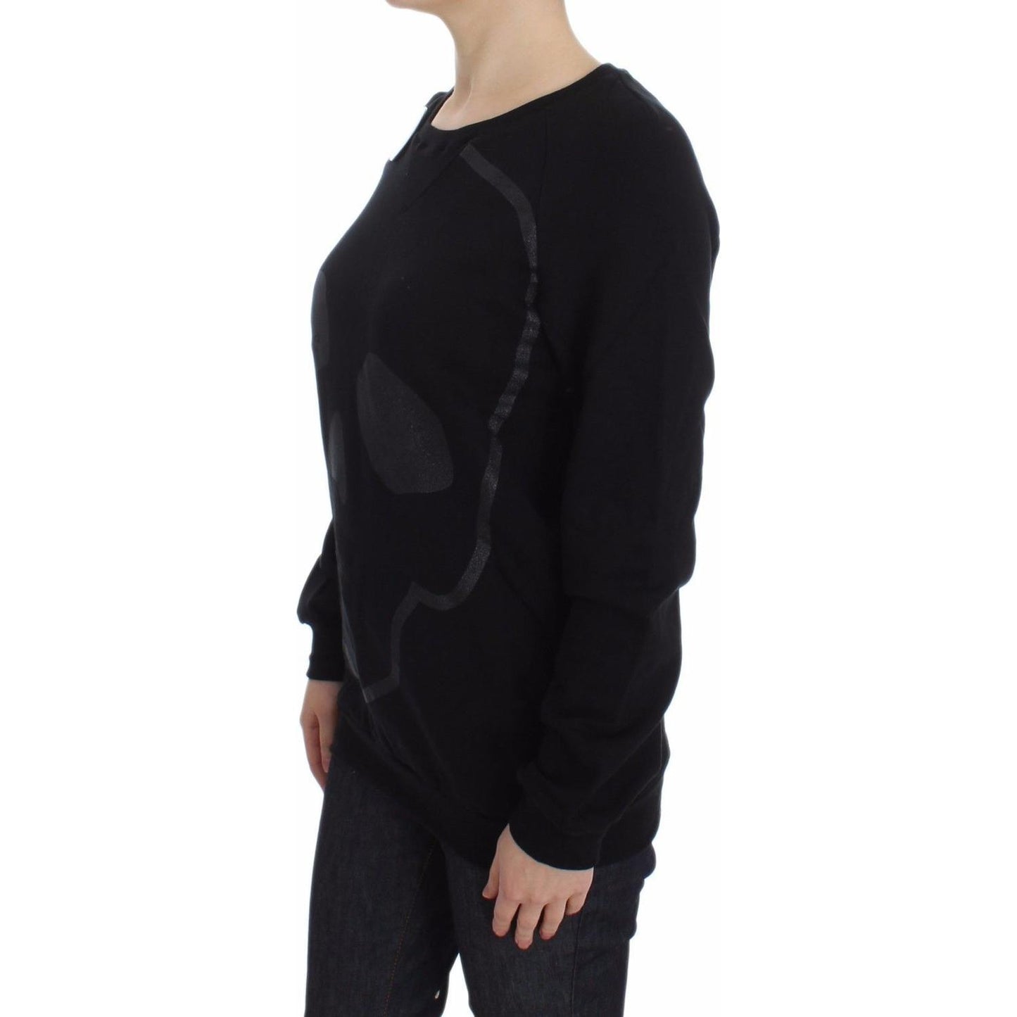 Exte Black Cotton Motive Print Crewneck Pullover Sweater DRE10079-40