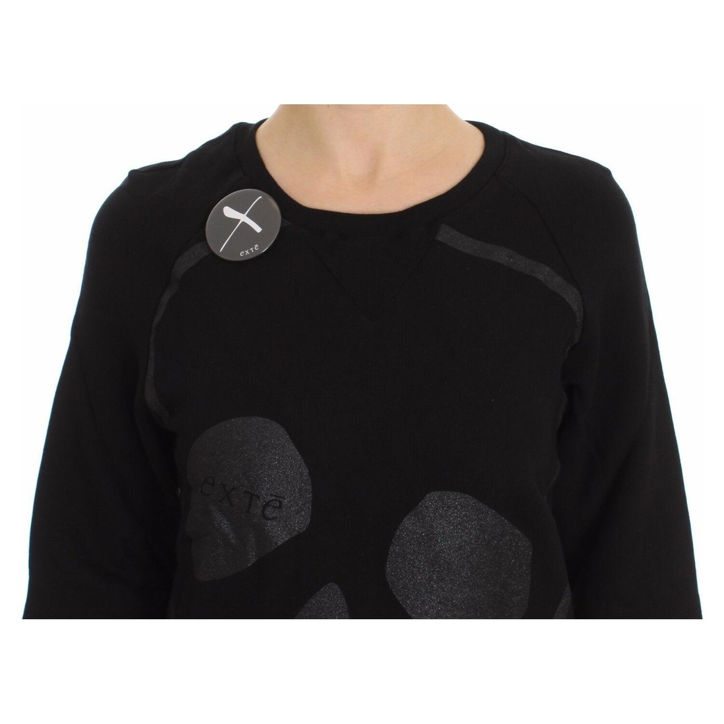 Exte Black Cotton Motive Print Crewneck Pullover Sweater DRE10079-40