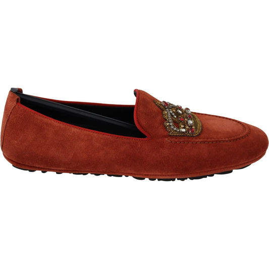 Dolce & Gabbana Orange Leather Crystal Crown Loafers Shoes