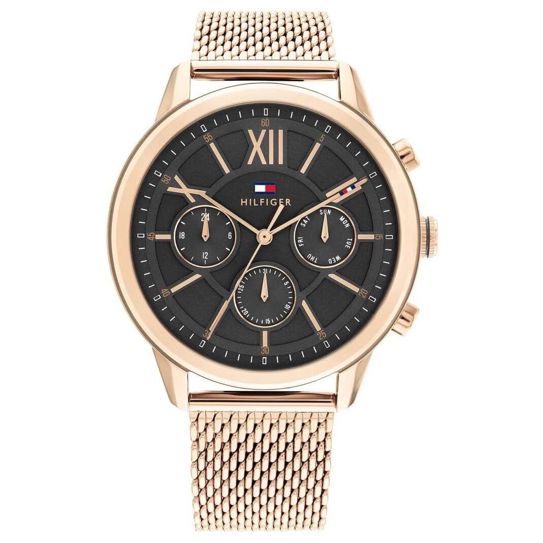 TOMMY HILFIGER Mod. 1710525, quartz analog gent's watch, mineral dial, 44mm rose gold case, mesh bracelet, official packaging, 5 ATM water resistance.