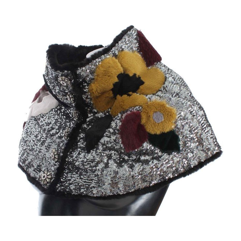 Dolce & Gabbana Silver Sequined Floral Weasel Fur Shoulder Scarf Wrap MS780-3