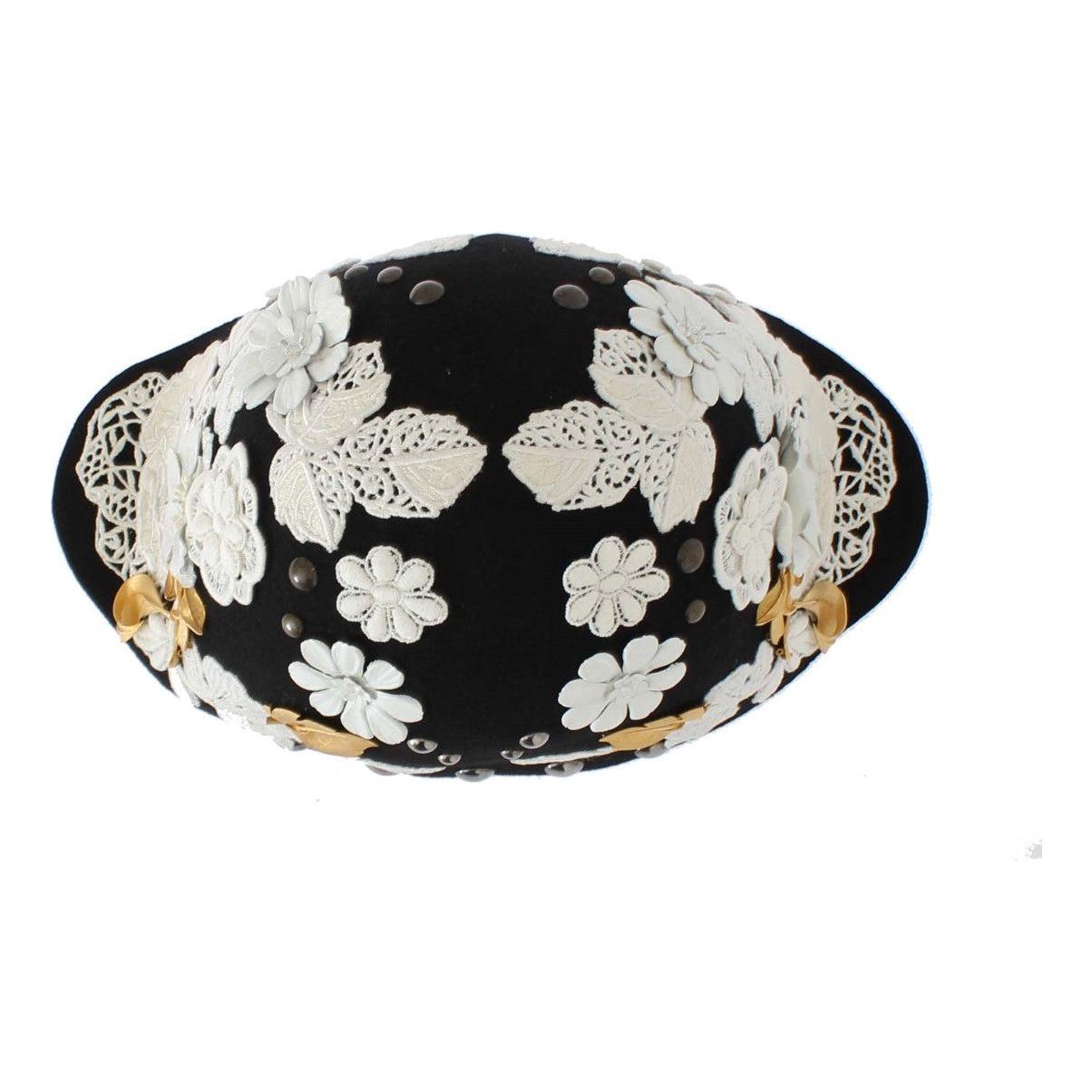 Dolce & Gabbana Black Wool White Floral Gold Leaf Hat MS838