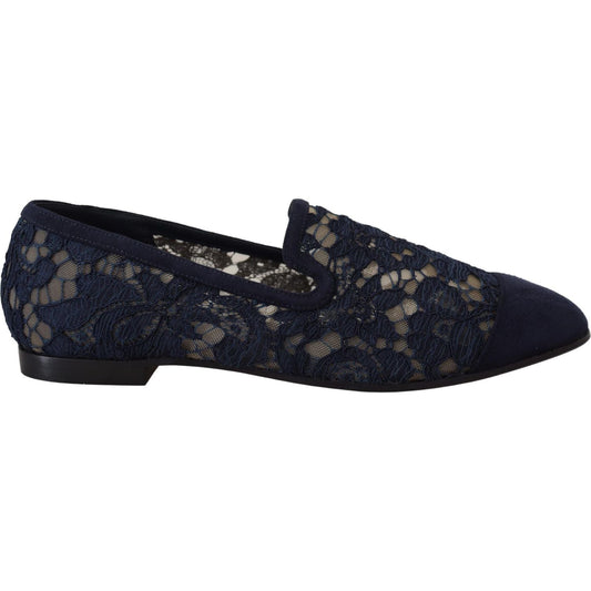 Dolce & Gabbana Blue Floral Lace Slip Ons Loafers Flats Shoes