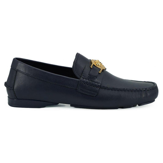 Versace Elegant Navy Blue Calf Leather Loafers