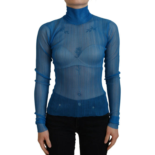 Dolce & Gabbana Blue Mesh Turtleneck Long Sleeve Blouse Top