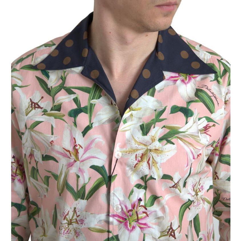 Dolce & Gabbana Cotton Polka Dot Lily Print Collared Shirt TSH84188-38