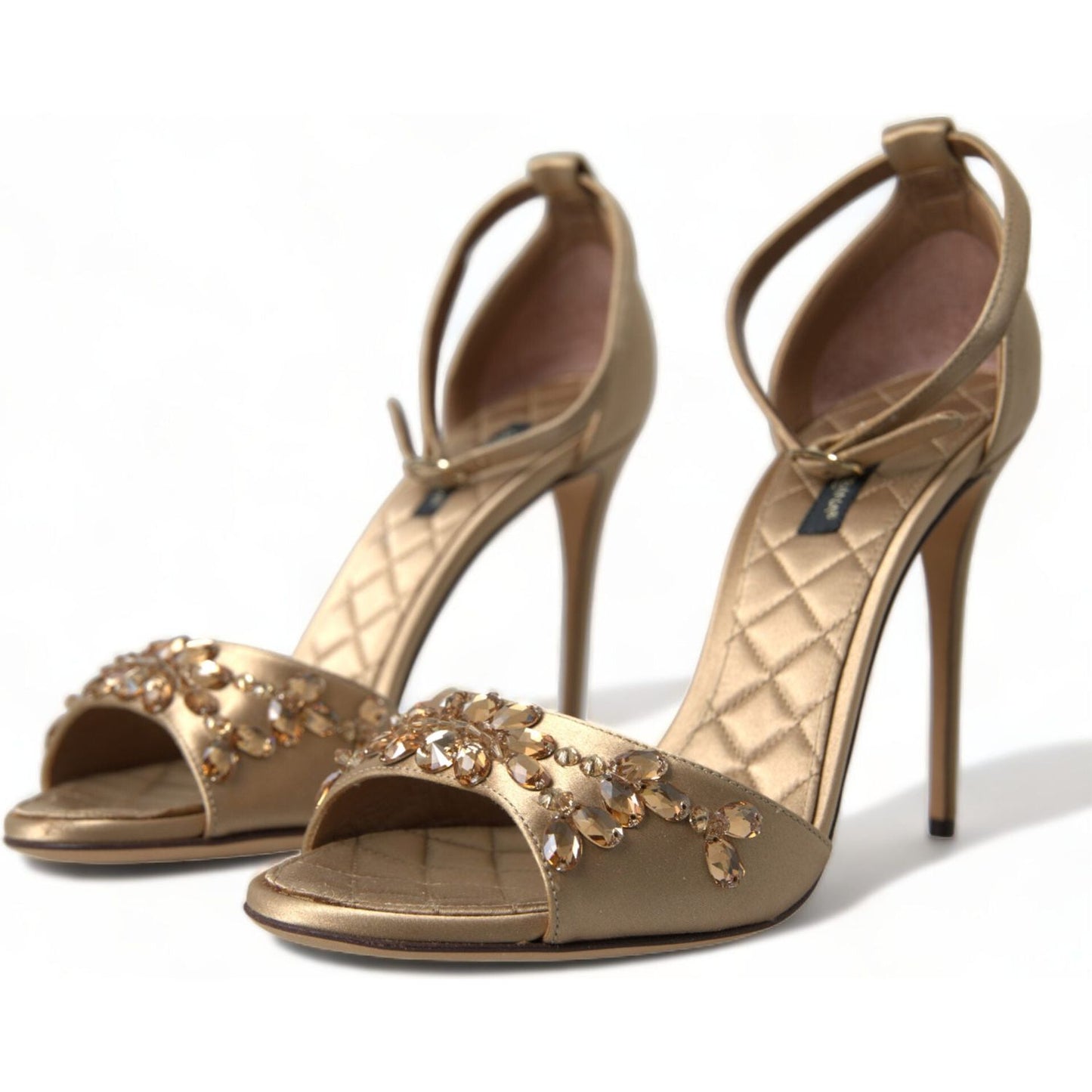 Dolce & Gabbana Gold Satin Ankle Strap Crystal Sandals Shoes LA10358-37