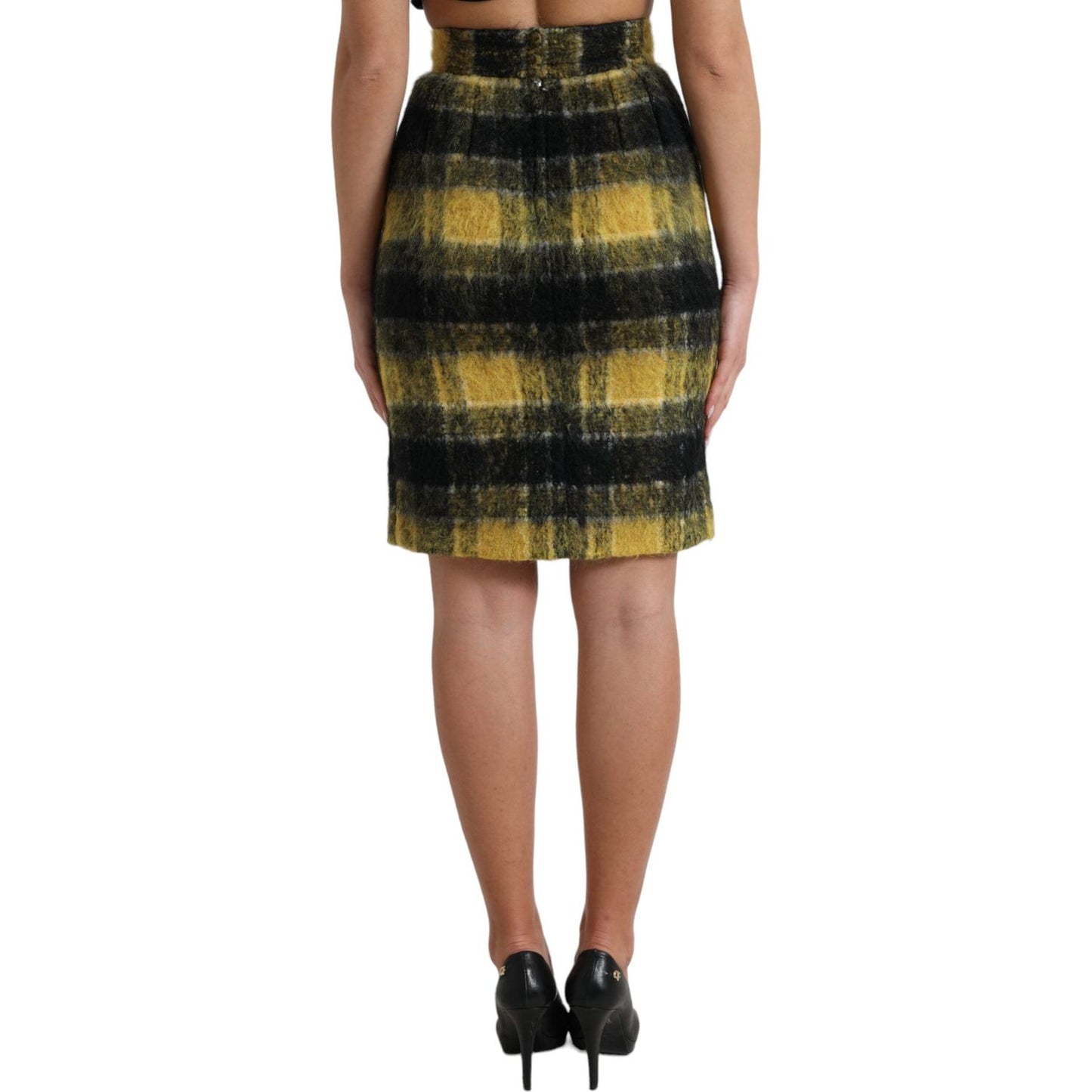 Dolce & Gabbana Yellow Black Brushed Checked Wool Pencil Cut Skirt SKi1940-40