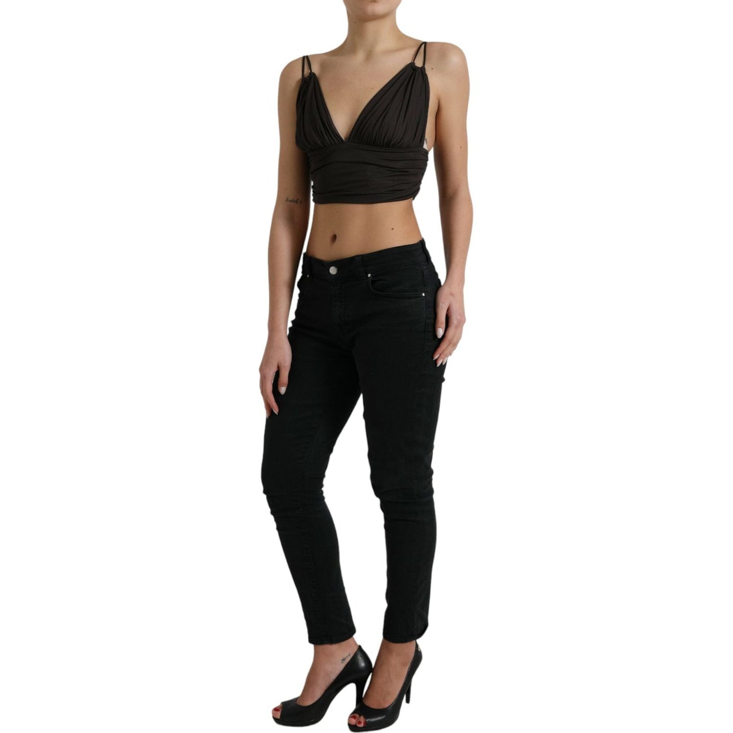 Dolce & Gabbana Brown Viscose Plunging V-neck Cropped Tank Top TSH84301-40