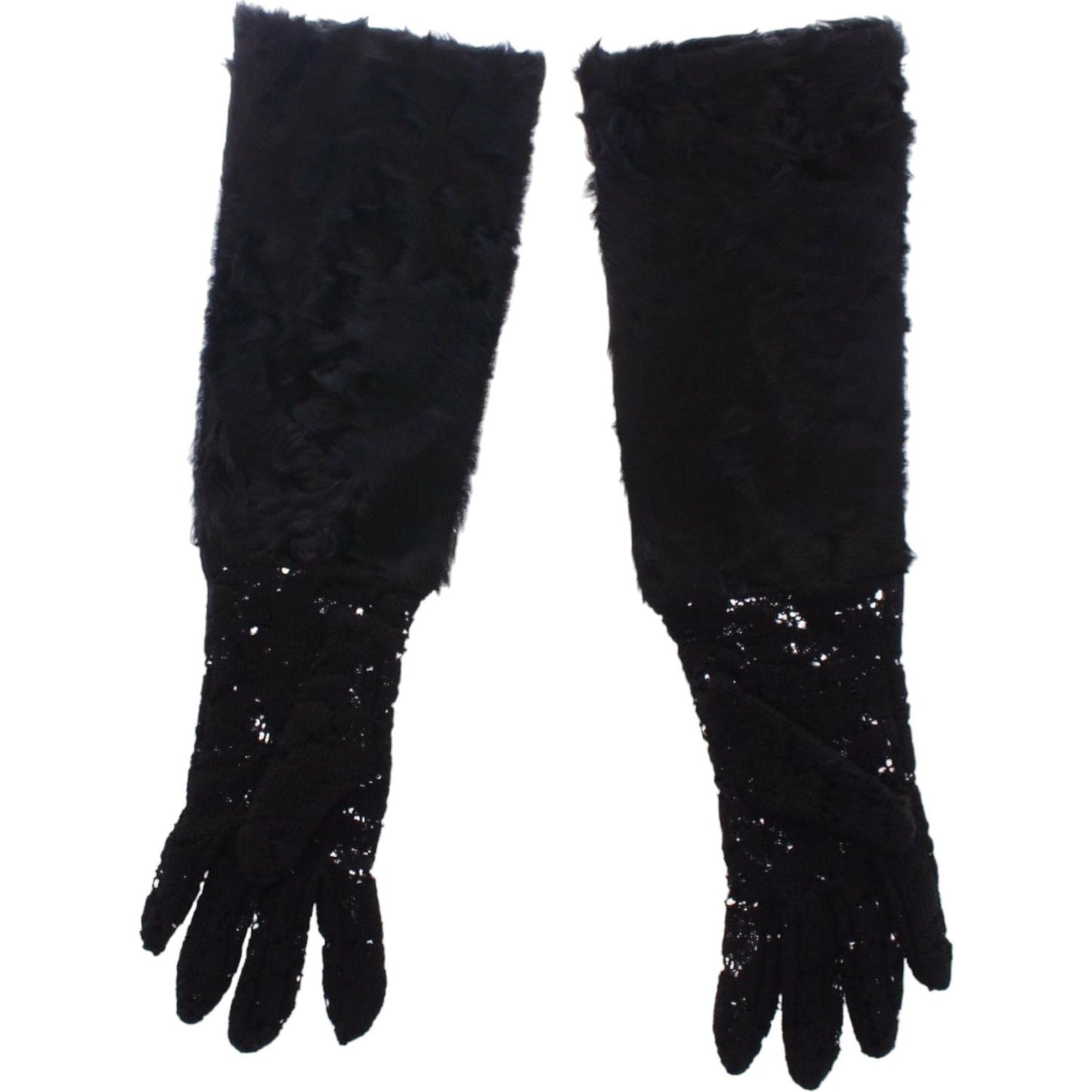 Dolce & Gabbana Black Lace Wool Lambskin Fur Elbow Gloves MOM11451-3