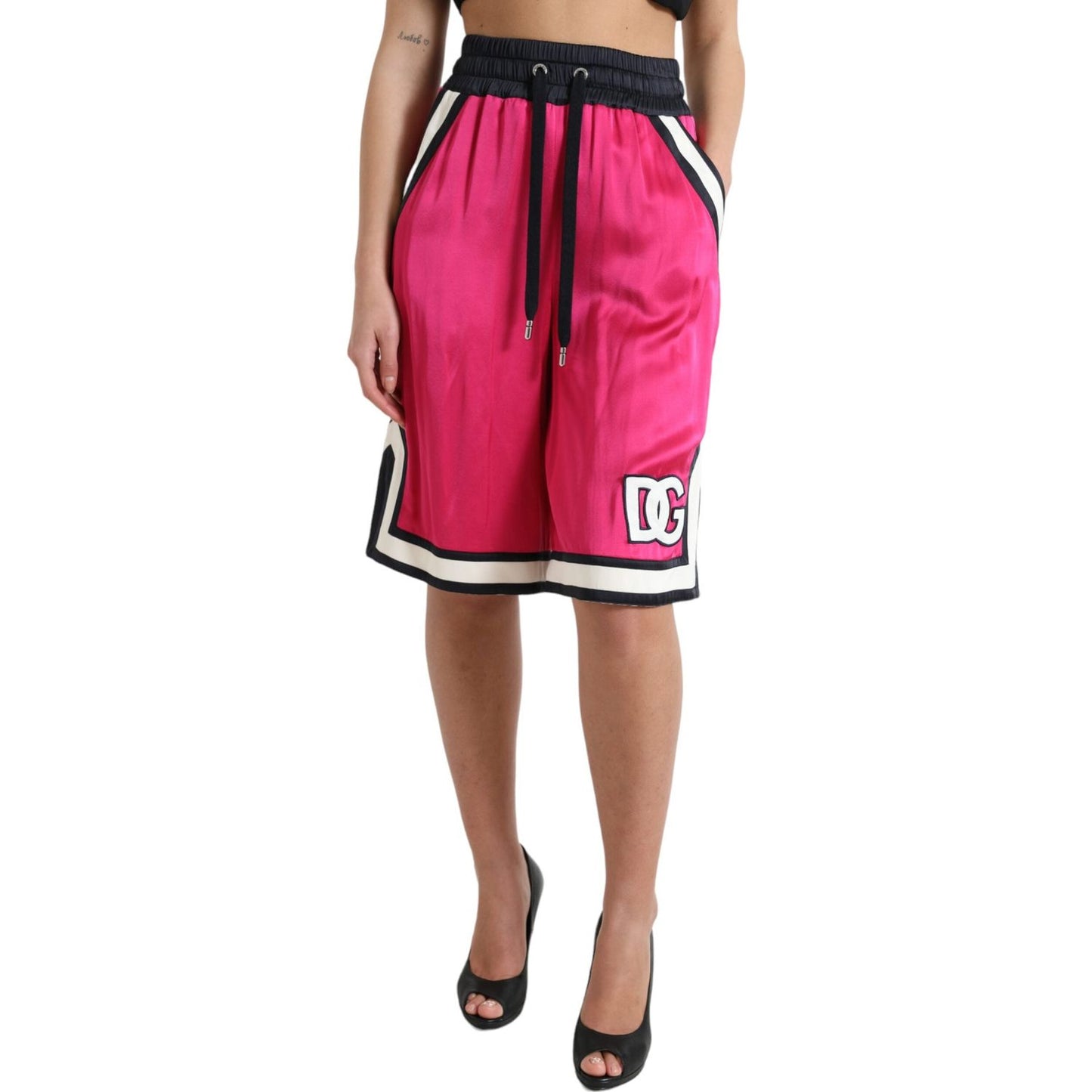 Dolce & Gabbana Pink Viscose Jersey Logo High Waist Shorts PAN74896-40