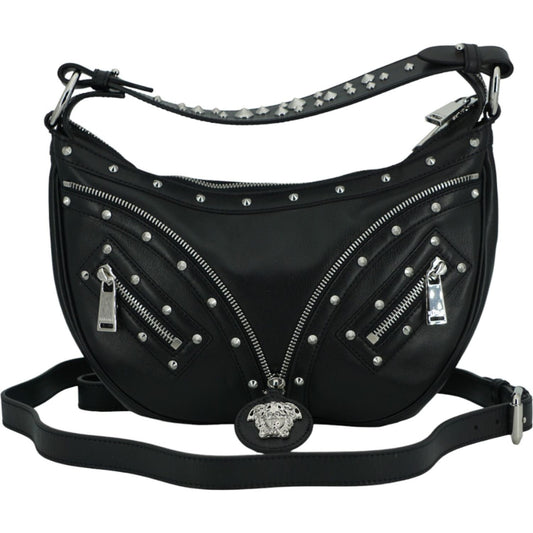 Versace Elegant Black Leather Hobo Shoulder Bag