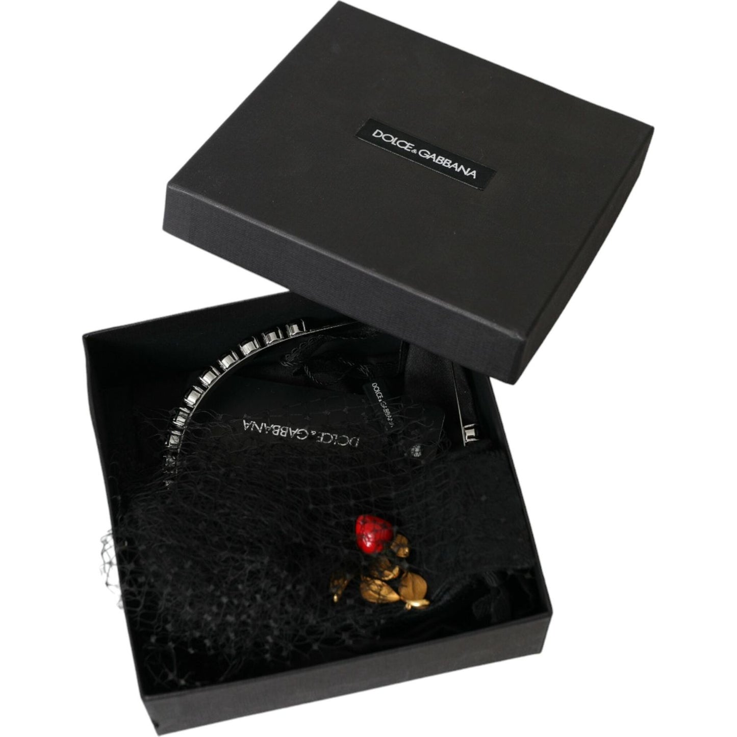 Dolce & Gabbana Black Strawberry Sicily Crystal Mesh Net Headband Diadem SMY101429