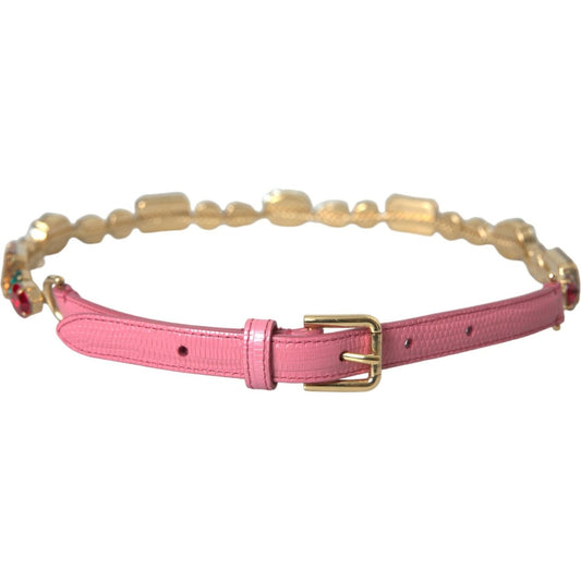 Dolce & Gabbana Pink Leather Crystal Chain Embellished Belt