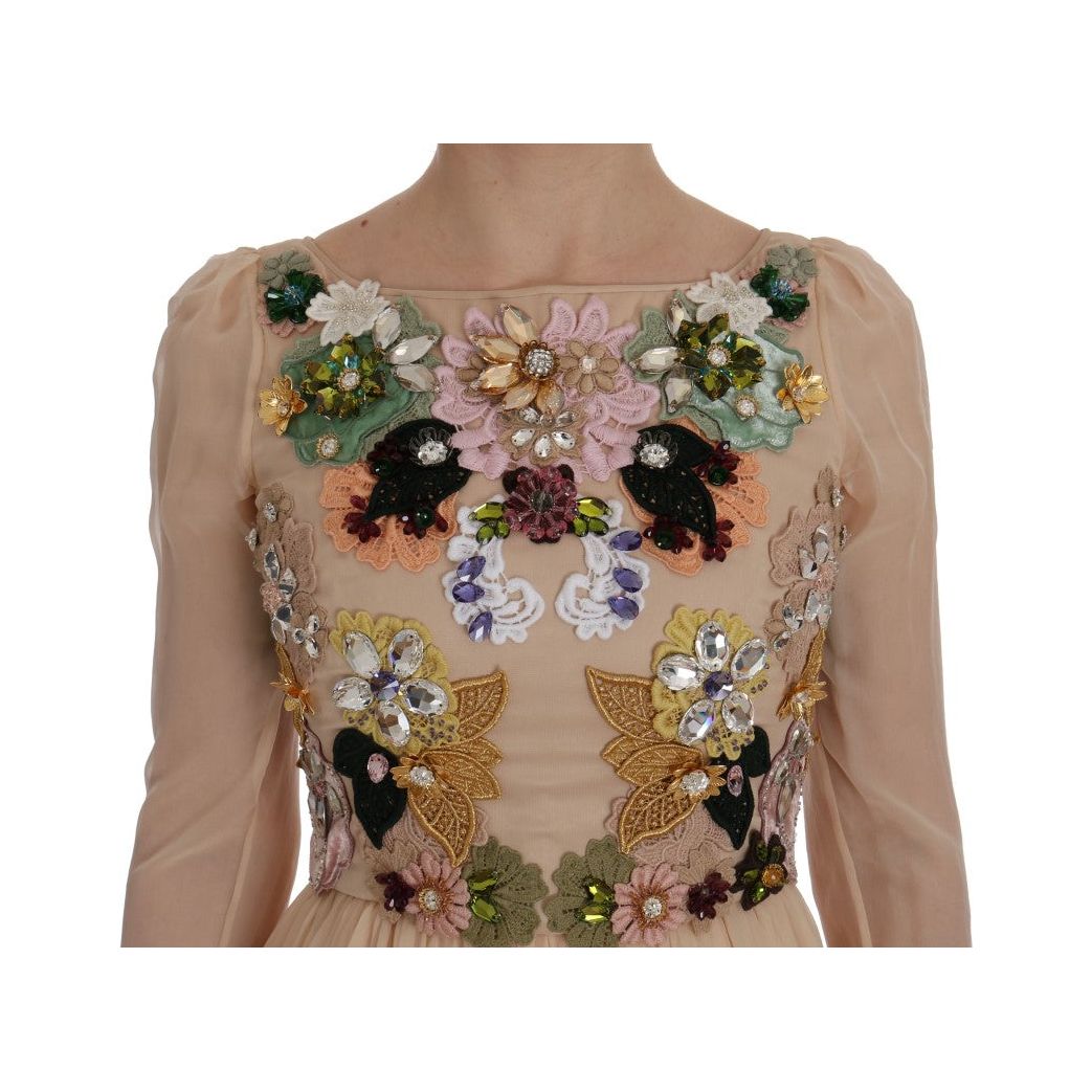 Dolce & Gabbana Pink Silk Floral Crystal Maxi Gown Dress SIG50865-1
