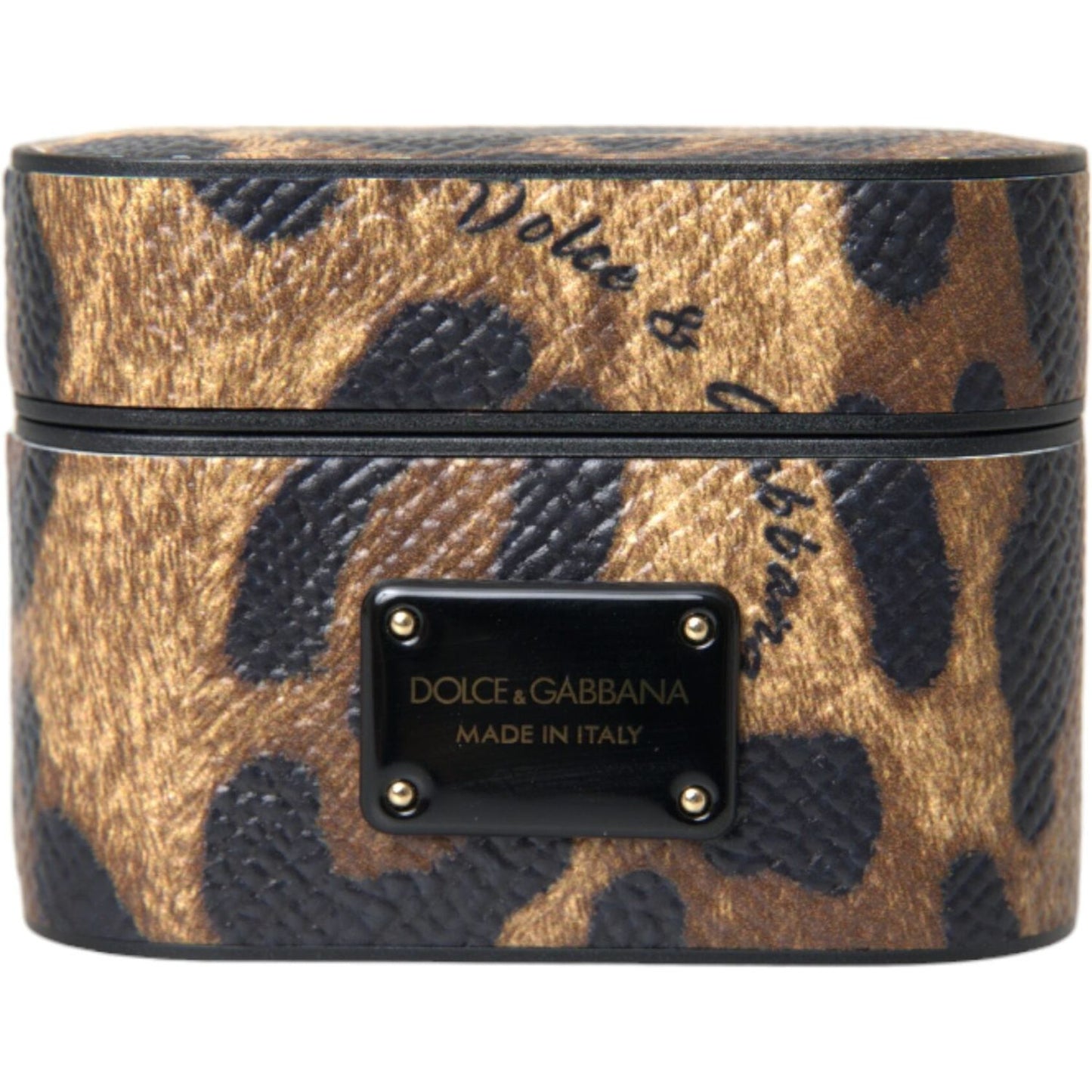 Dolce & Gabbana Brown Leopard Calf Leather Metal Logo Plaque Airpods Case SMY10285