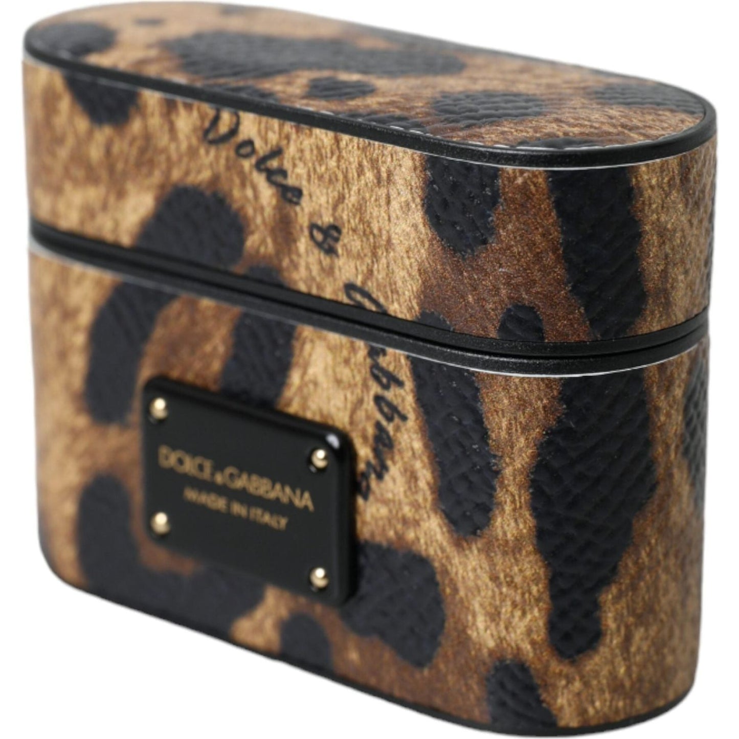 Dolce & Gabbana Brown Leopard Calf Leather Metal Logo Plaque Airpods Case SMY10285