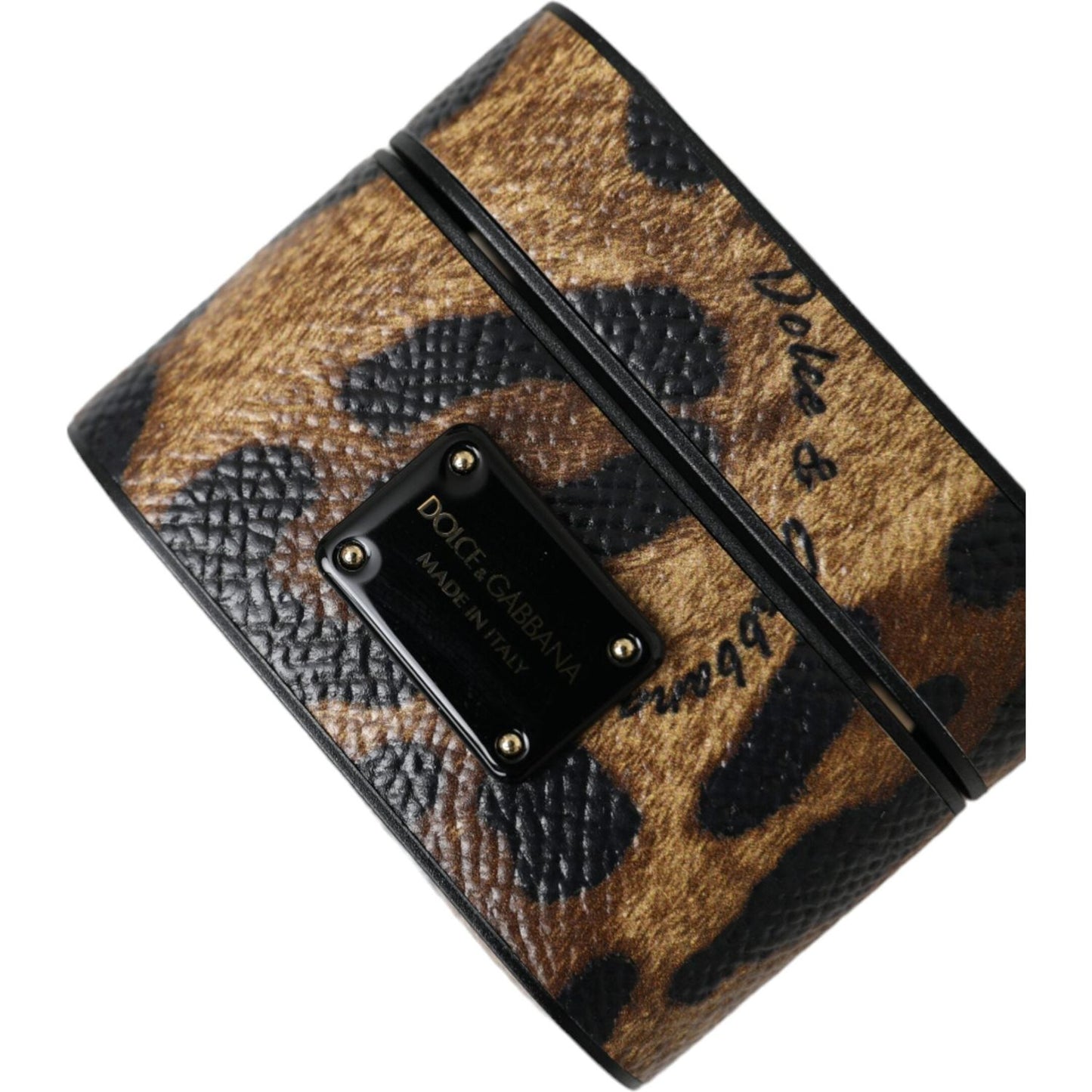 Dolce & Gabbana Brown Leopard Calf Leather Metal Logo Plaque Airpods Case SMY10285