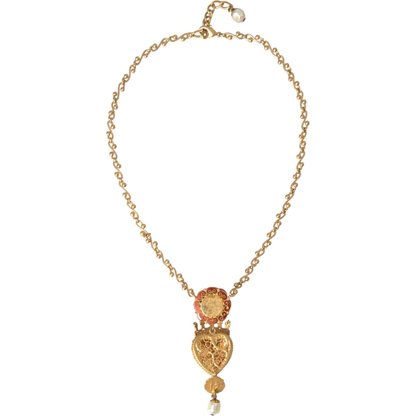 Dolce & Gabbana Gold BrassChain Sacred Heart Rose Crystal Charm Necklace SMY10298