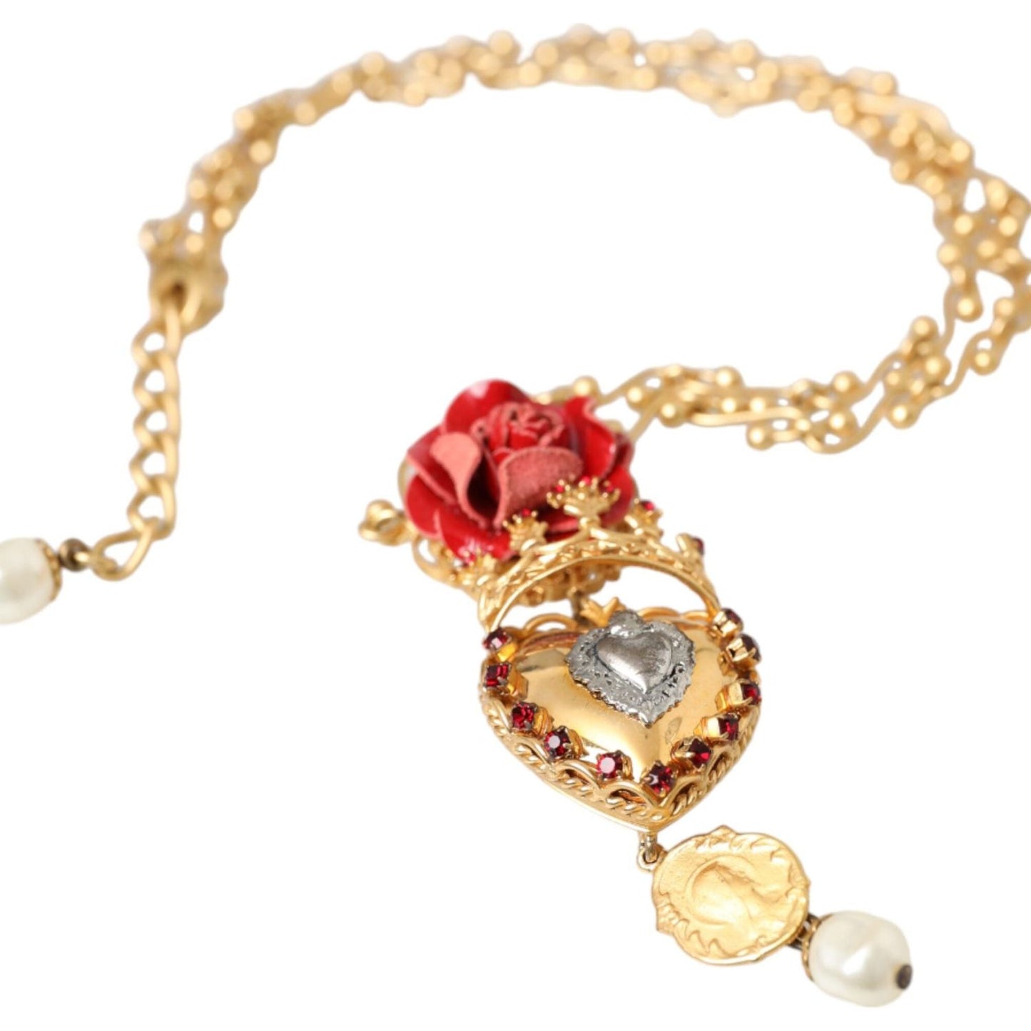 Dolce & Gabbana Gold BrassChain Sacred Heart Rose Crystal Charm Necklace SMY10298