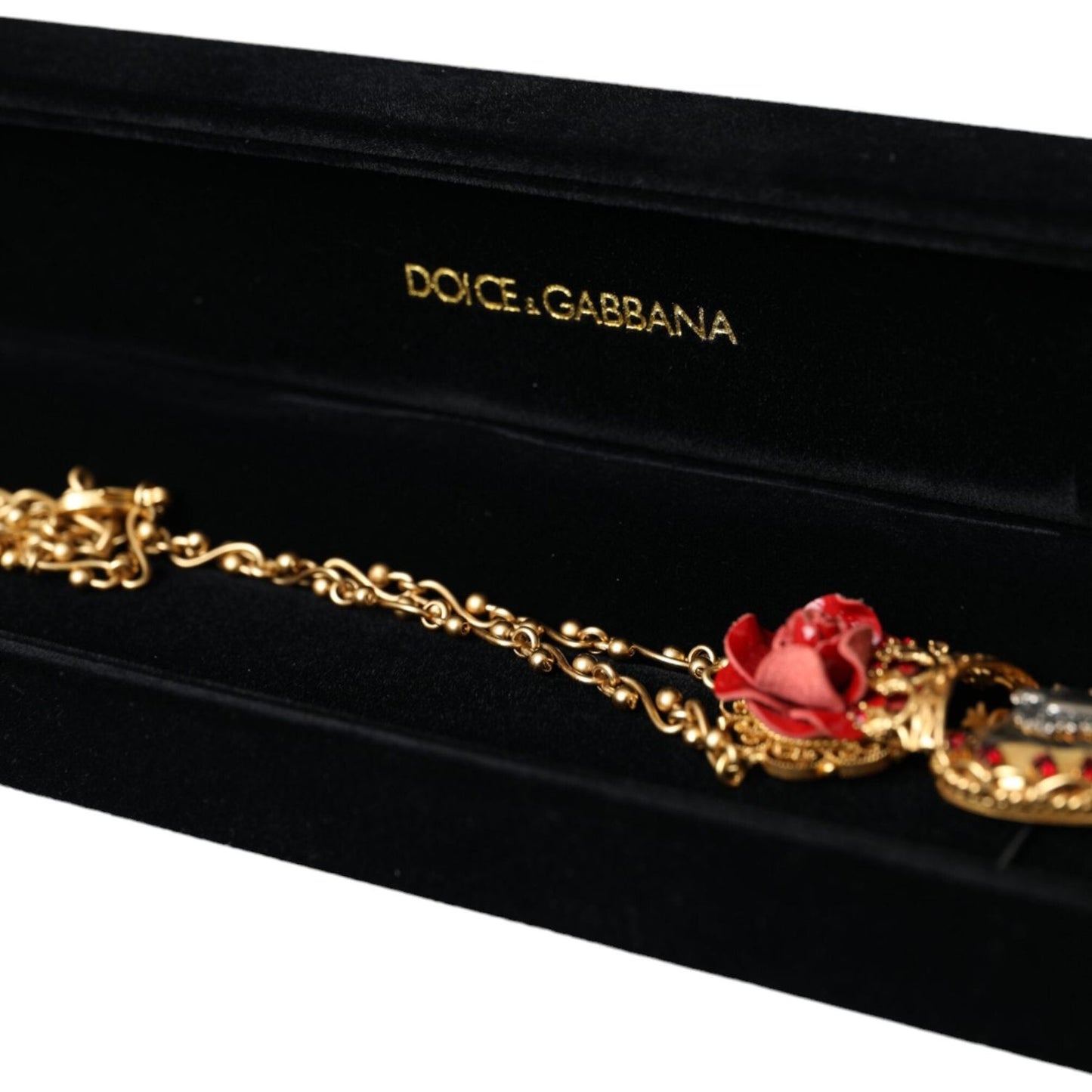 Dolce & Gabbana Gold BrassChain Sacred Heart Rose Crystal Charm Necklace SMY10298