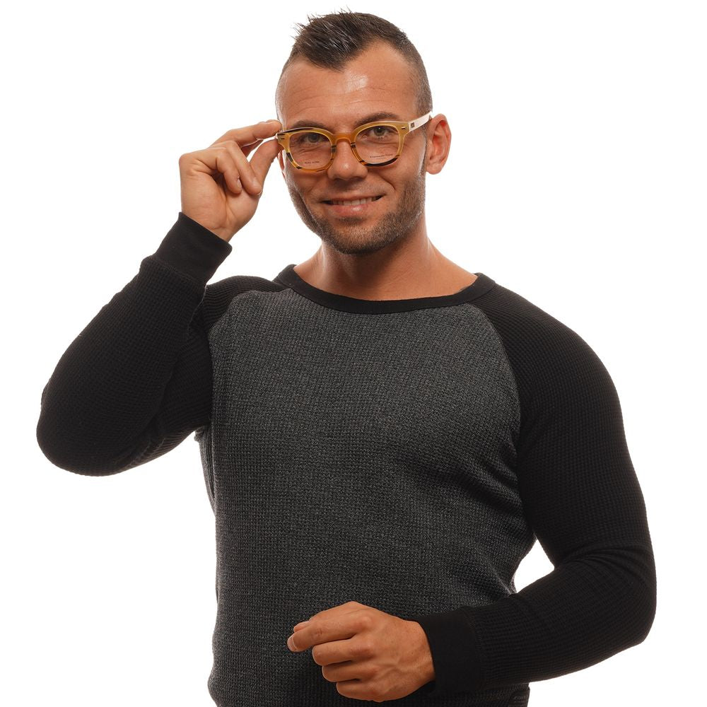 Man wearing Ermenegildo Zegna Multicolor Horn Glasses (Frames) with a round style and full-rim design, holding the temples.