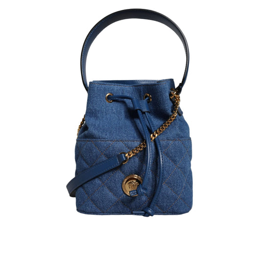 Versace Blue Quilted Denim Leather Crossbody Shoulder Bag