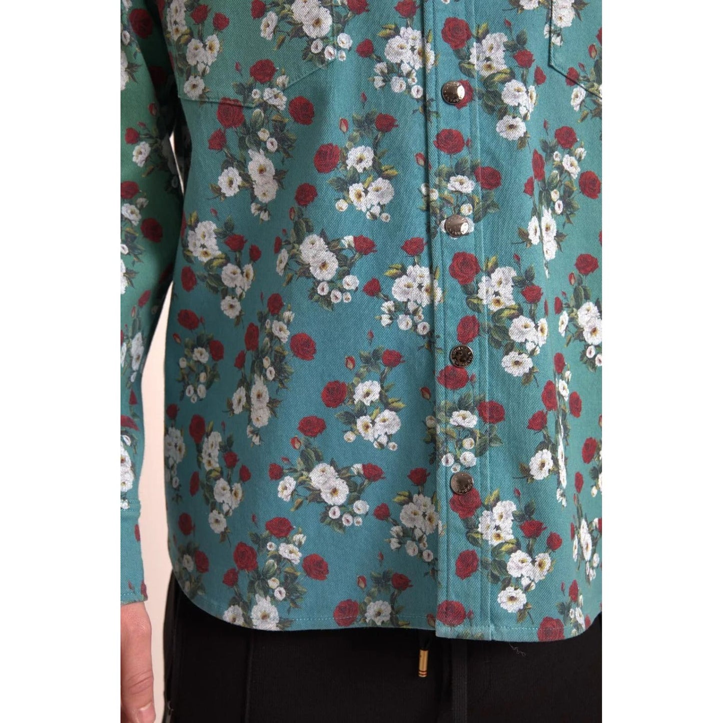 Dolce & Gabbana Blue Floral Cotton Button Down Denim Shirt TSH84198-39