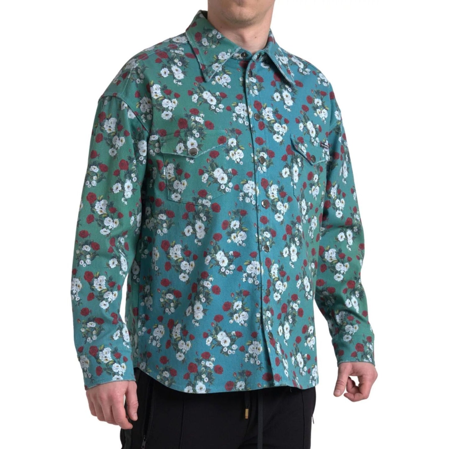 Dolce & Gabbana Blue Floral Cotton Button Down Denim Shirt TSH84198-39