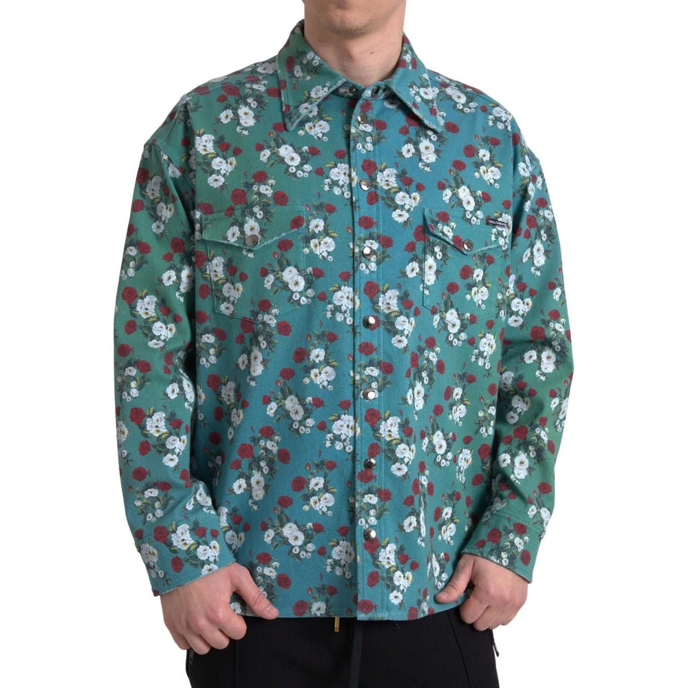 Dolce & Gabbana Blue Floral Cotton Button Down Denim Shirt TSH84198-39