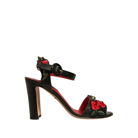 Dolce & Gabbana Black Embossed Carnation Heeled Sandals Shoes