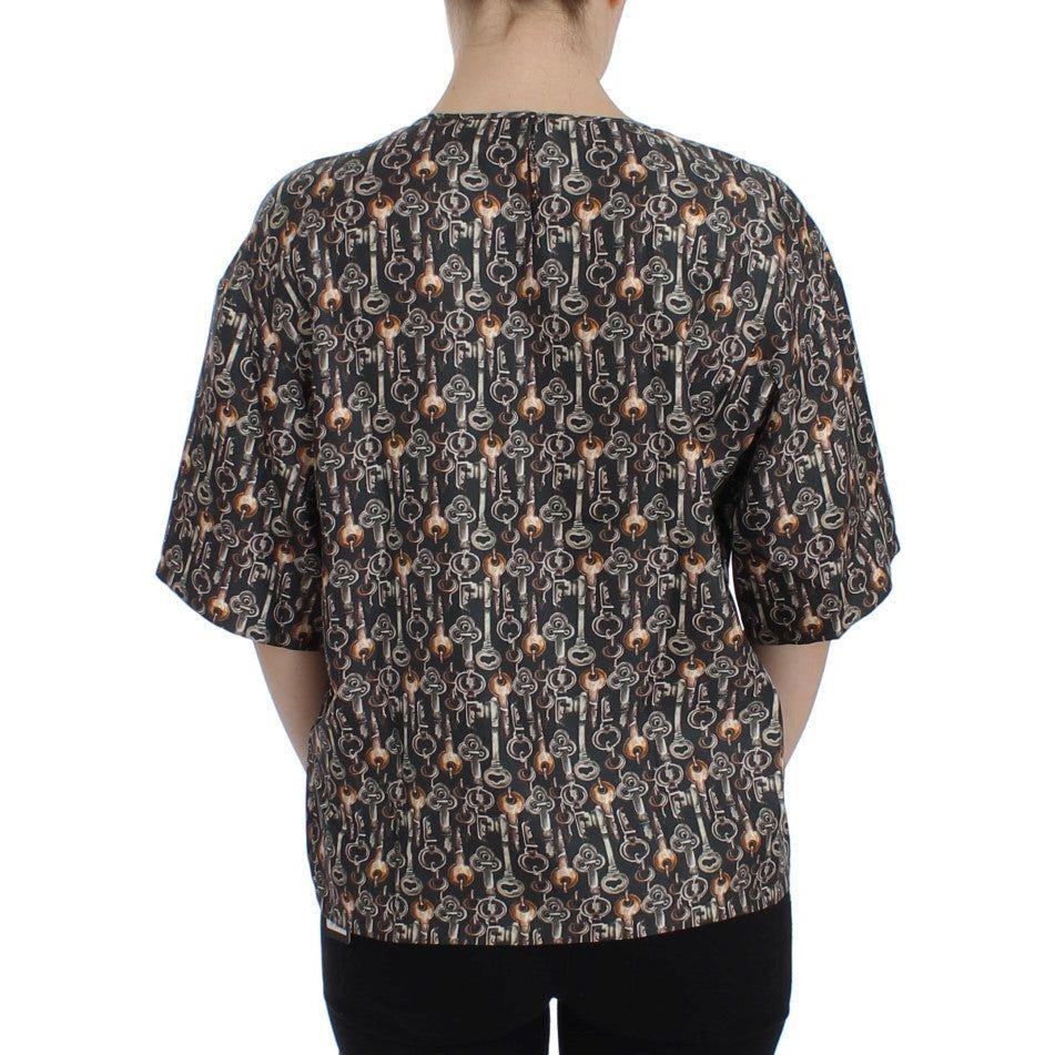 Dolce & Gabbana Gray Gold Key Print Silk Blouse T-shirt SIG13324-2
