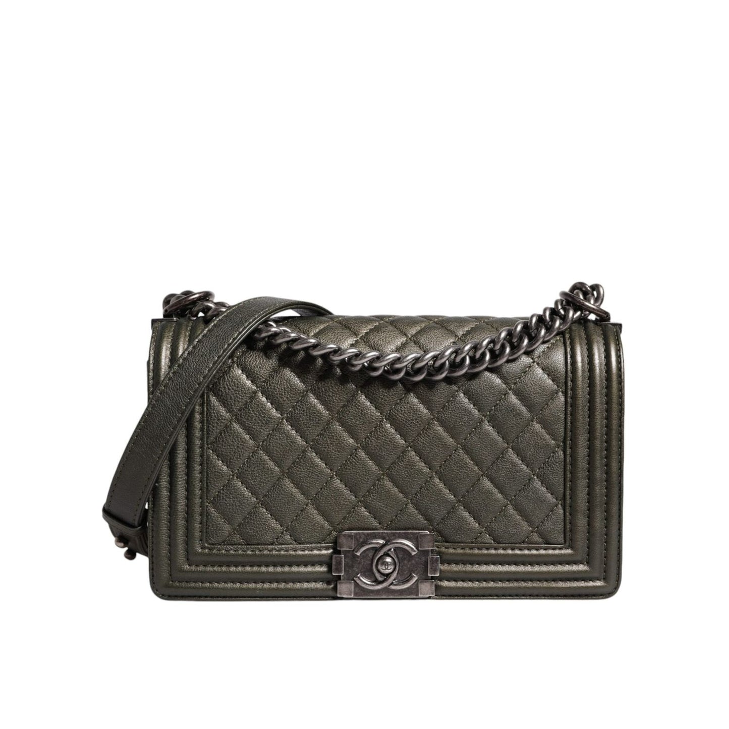 Chanel Dark Green Leather Shoulder Bag Gray Metal Purse Bag CHA176