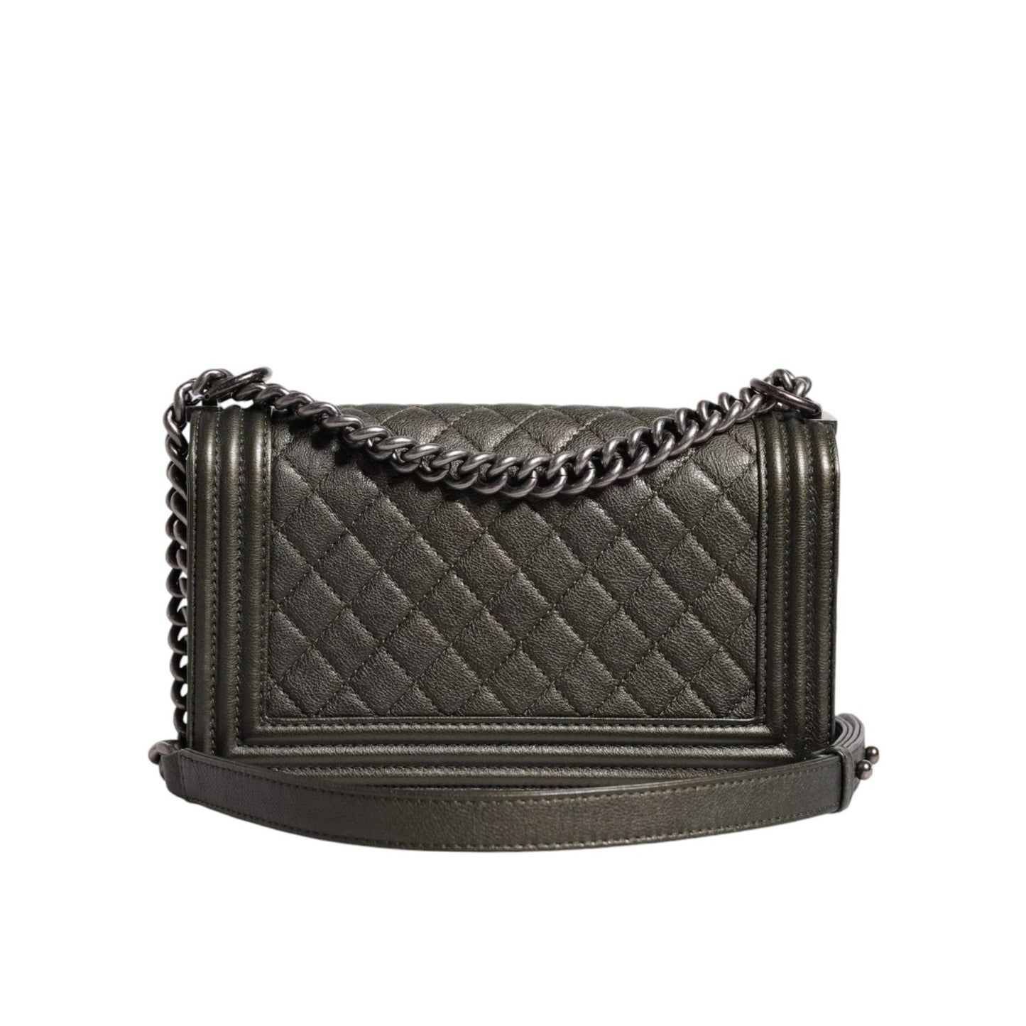 Chanel Dark Green Leather Shoulder Bag Gray Metal Purse Bag CHA176