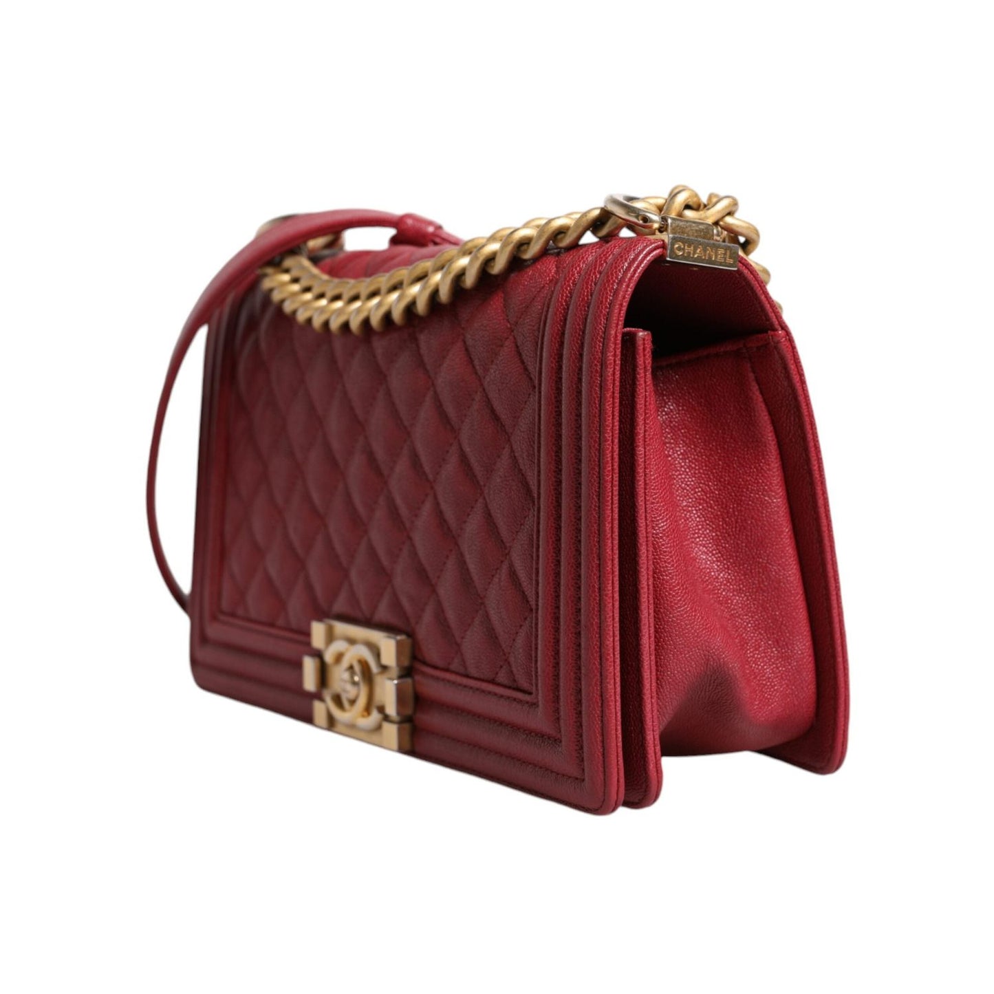 Chanel Red Leather Lambskin Double Gold Chain Medium Shoulder Bag