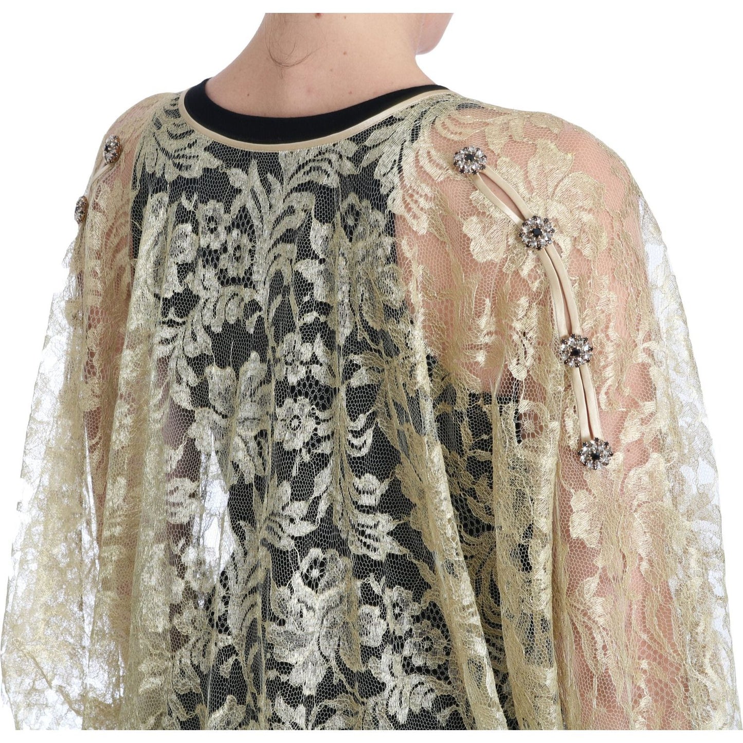 Dolce & Gabbana Gold Floral Lace Crystal Gown Cape Dress DR1524-36