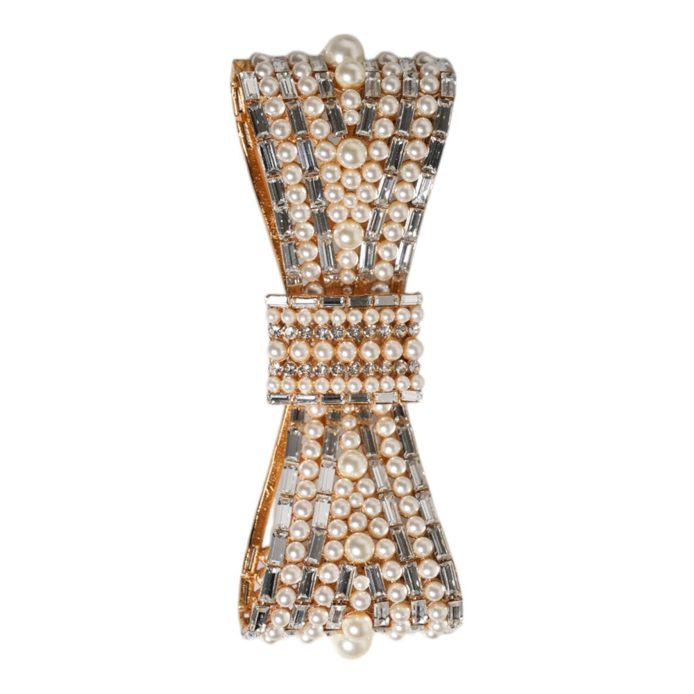 Dolce & Gabbana Gold Tone Brass Bow Crystal FauxPearl Embellished Brooch