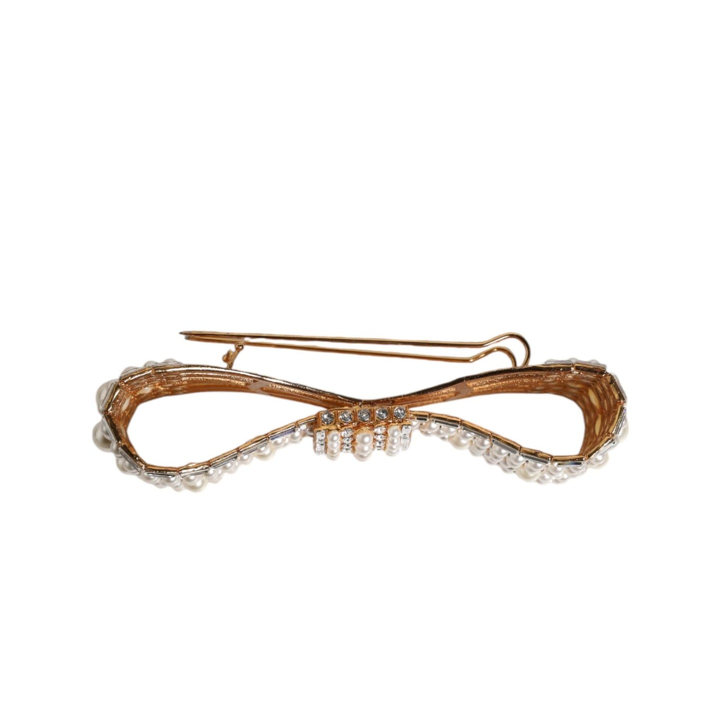 Dolce & Gabbana Gold Tone Brass Bow Crystal FauxPearl Embellished Brooch