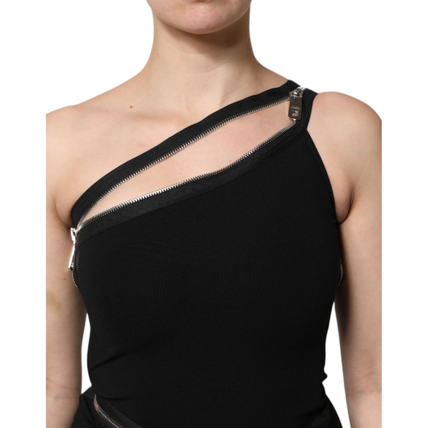 Dolce & Gabbana Black Viscose One Shoulder Zipper Sheath Dress