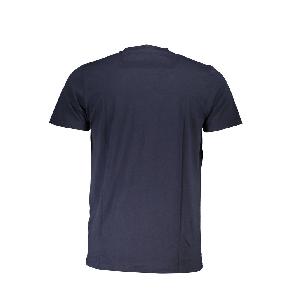 Back view of Cavalli Class Blue Cotton Men T-Shirt showcasing sleek design and quality fabric.